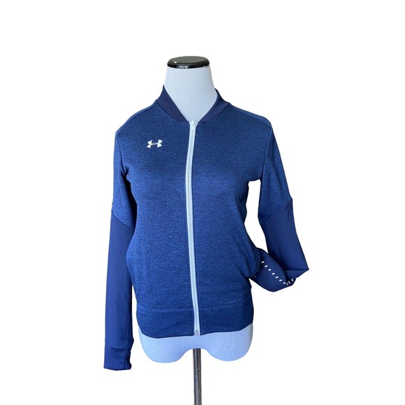 Under Armour Women Qualifier Hybrid Warm Up Jacket Size XS Blue Cold Gear Zip Up - Picture 1 of 15